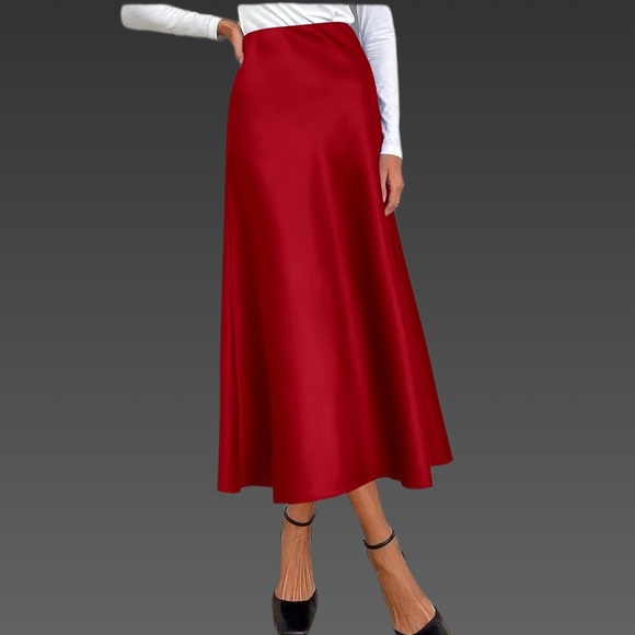 NWT Wine Red Flared Satin Midi Skirt Sz Small - Picture 2 of 4